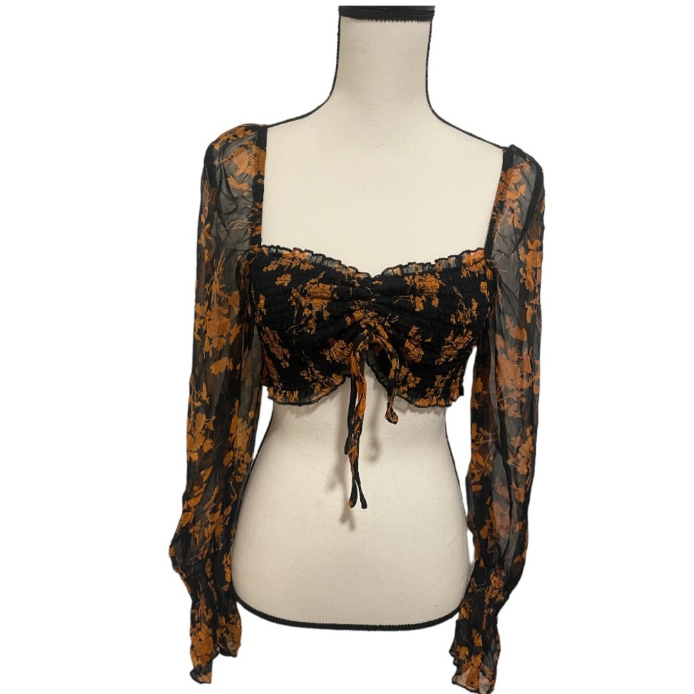 O.Vianca Off The Shoulder Micro Floral Smocked Crop Long Sleeve